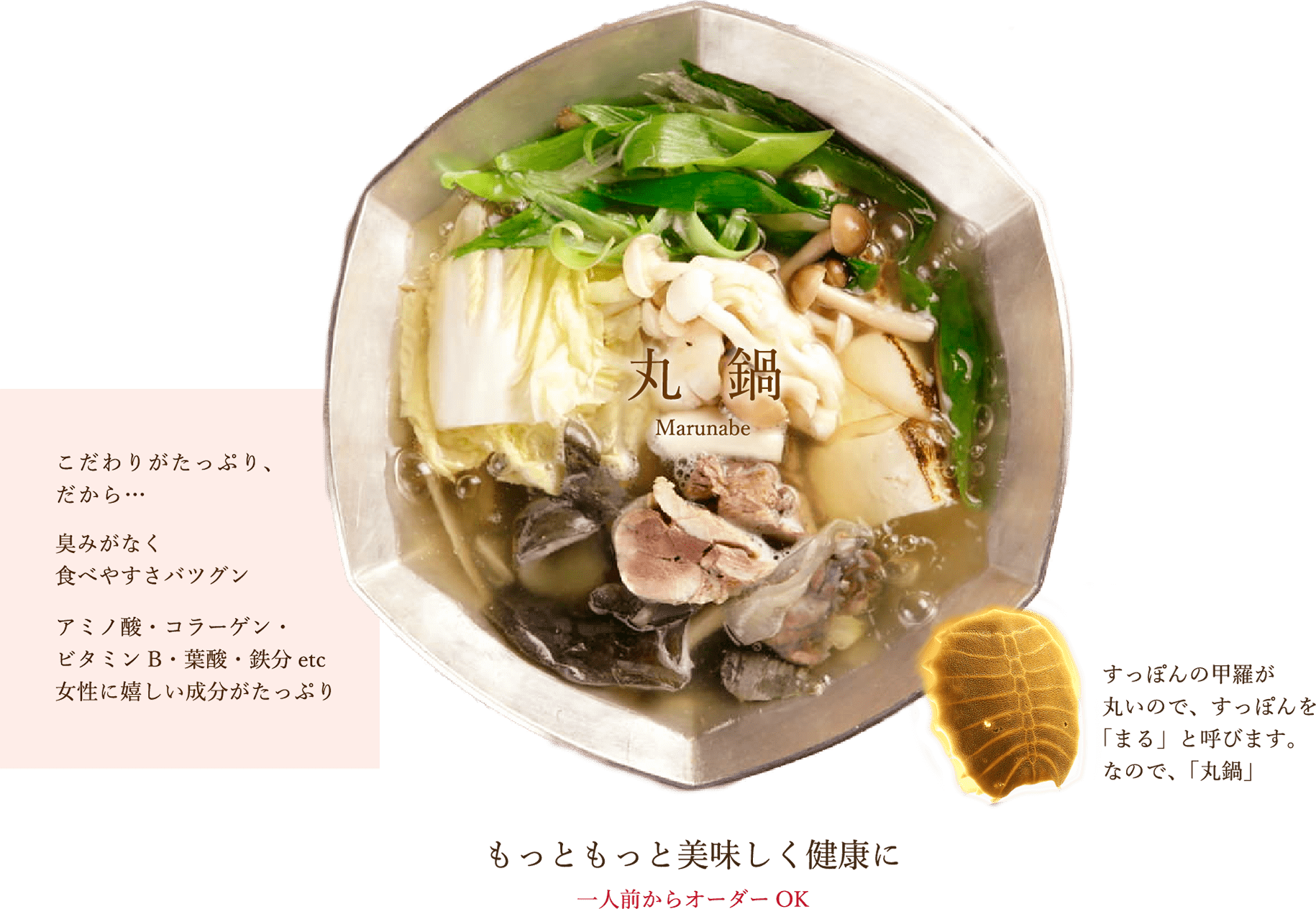 こだわりがたっぷり、だから…臭みがなく食べやすさ抜群。アミノ産・コラーゲン・ビタミンB・葉酸・鉄分等、女性に嬉しい成分ばたっぷり。すっぽんの甲羅が丸いので、すっぽんを「まる」と呼びます。なので、「丸鍋」。